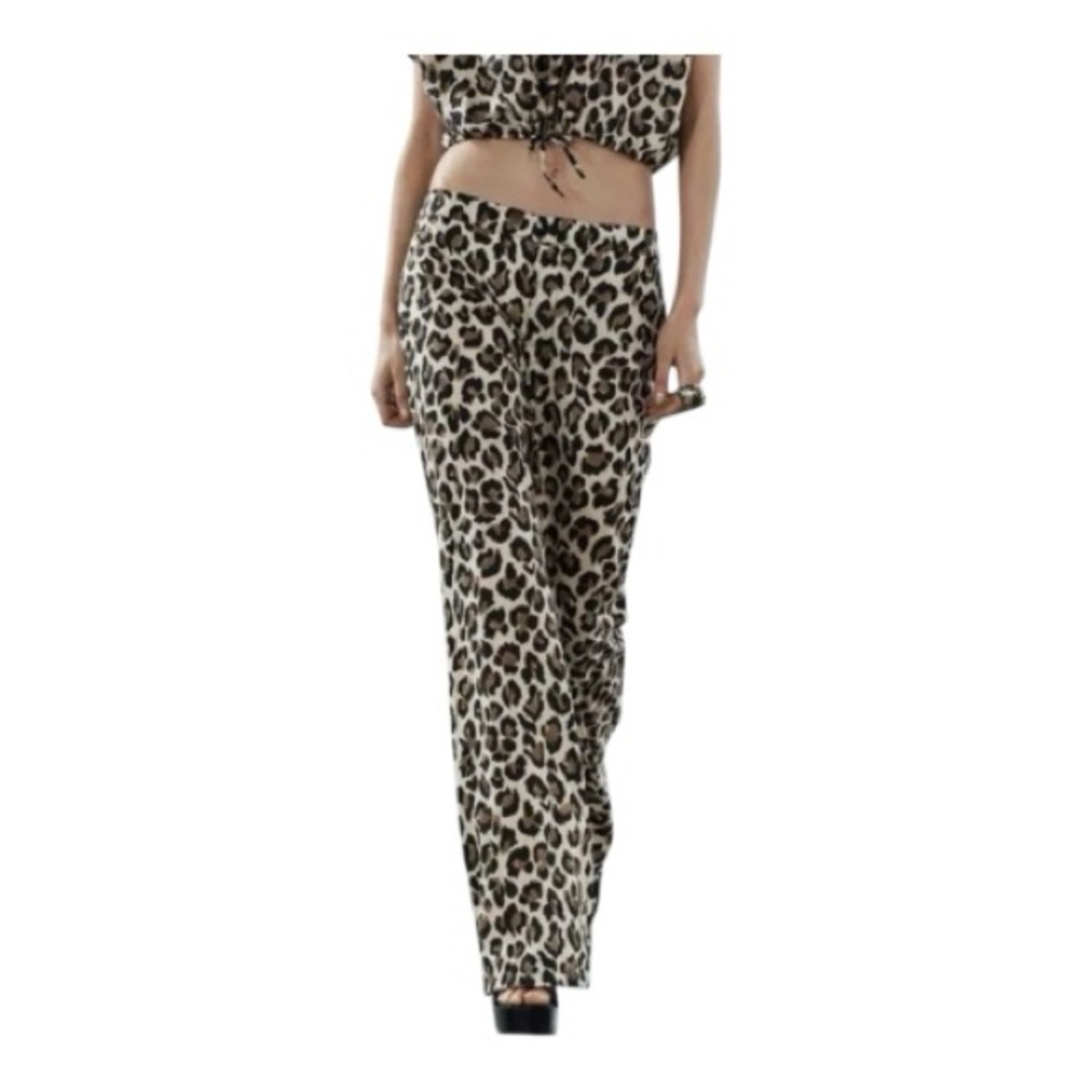 Zara Leopard Print Cotton Pants Flare Leg High Rise Size Large